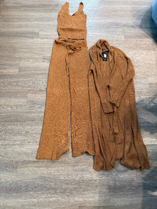 Fashion Nova Pants - Fashion Nova Brown Ribbed Knit 3 Piece Set Pants Top Cardigan